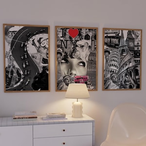 3 black and white New York collage poster, cheetah panther print, pinterest shuffle art, Kate moss print, luxury fashion print, visual board