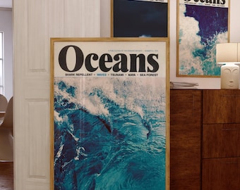 3 Retro Ocean vintage Magazine cover poster, coastal wall art, east coast beach house, blue surf print, beachy room decor, ocean is calling