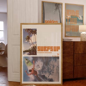3 vintage Surfer magazine-affischer, kustnära cowgirl, surfar upp-tryck, strandrumsinredning, retro surffotografi, surfbräda, östkusttryck