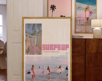 3 vintage Surf magazine poster, coastal cowgirl, surfs up, beachy room decor, retro surf photography, pink surfboard, coastal grandaughter