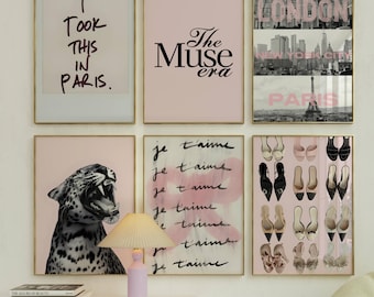 6 Trendy Girly Preppy Blush Pink Gallery Wall art, Cheetah Leopard poster, Coquette aesthetic, Paris NY London poster, fashion Heels print