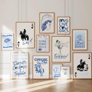 12 blue Coastal Cowgirl wall art Set, Trendy Girly Western Coquette Aesthetic, preppy cowgirl poster, disco cowgirl, long live cowgirl Print