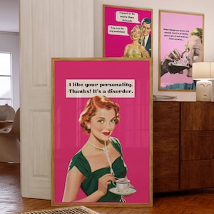 Set 6 Vintage Retro Woman poster, humorous pin up wall art, feminist Funny Quote poster, Trendy girly dorm decor, Happy Housewife Poster