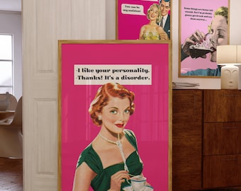 Zestaw 6 plakatów Vintage Retro Woman, zabawna sztuka ścienna pin up, plakat z zabawnym cytatem feministycznym, modny wystrój dziewczęcego akademika, plakat Happy Housewife