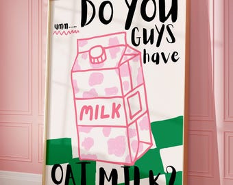 Impresión de cocina dibujada a mano, póster de leche, póster de leche de avena, arte de pared verde rosa, póster de comida retro, arte de cocina maximalista, dibujo de leche, comida