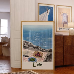 Póster de verano de la Riviera Francesa, pintura de acuarela mediterránea, impresión de verano, dibujo de limón, estética de nieta costera, impresión playera