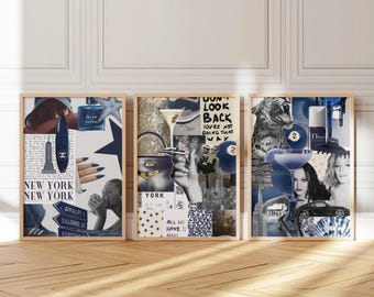 3 NAVY BLUE aesthetic collage poster, trendy blue wall art, pinterest shuffle art , 90s fashion poster, Y2K dorm room decor, chanel poster