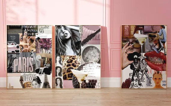 Set 3 Kate Moss collage poster, trendy pink cheetah print, luxury fashion wall art, visual board shuffle, trendy newspapper, Magazine print