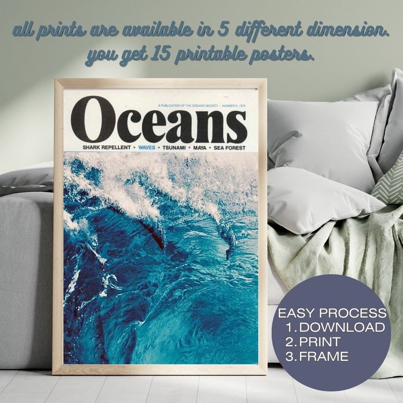Pode incluir: Um cartaz emoldurado intitulado Oceans, uma publica&ccedil;&atilde;o da Oceanic Society, com uma grande onda azul. O texto inclui Shark Repellent, Waves, Tsunami, Maya, Sea Forest. Texto superior: all prints are available in 5 different dimension. you get 15 printable posters. Texto no c&iacute;rculo: EASY PROCESS 1. DOWNLOAD 2. PRINT 3. FRAME.