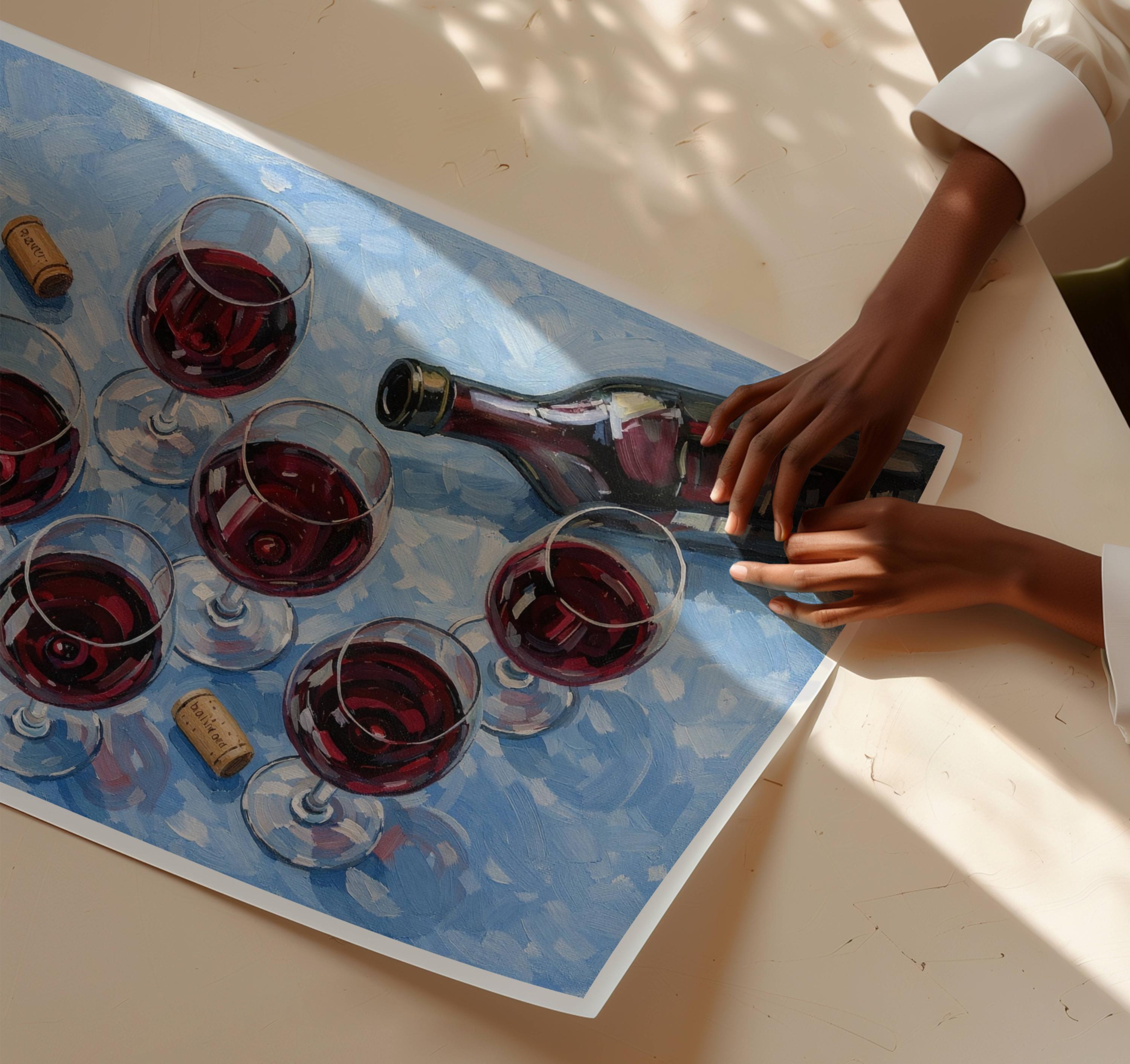 Abstract Wine Glass Still Life Table Blue Oil Painting Print ...