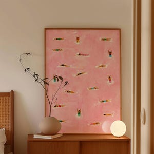 Tiny Swimmers at pool Art Print, Minimalist Tiny People Swimming in Pink Beach Painting, Girly Textured summer wall art, Aerial beach print image 5