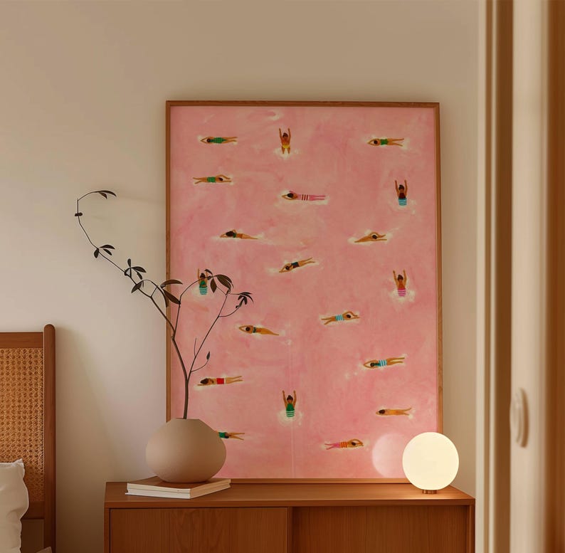 Tiny Swimmers at pool Art Print, Minimalist Tiny People Swimming in Pink Beach Painting, Girly Textured summer wall art, Aerial beach print image 5