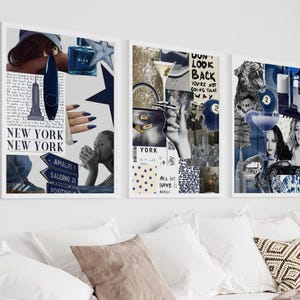 Op de afbeelding: Drie ingelijste kunstprints met een collagethema. De prints tonen afbeeldingen van New York City, mode en cocktails in tinten blauw, wit en zwart. De tekst "NEW YORK" en "DON'T LOOK BACK" zijn zichtbaar.
