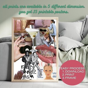 May include: A digital collage poster featuring a martini glass, a mouth with jeweled teeth, fashion magazine clippings, and a person in a blue shirt. The text reads: all prints are available in 5 different dimension. you get 15 printable posters.