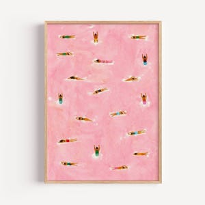 Tiny Swimmers at pool Art Print, Minimalist Tiny People Swimming in Pink Beach Painting, Girly Textured summer wall art, Aerial beach print image 17