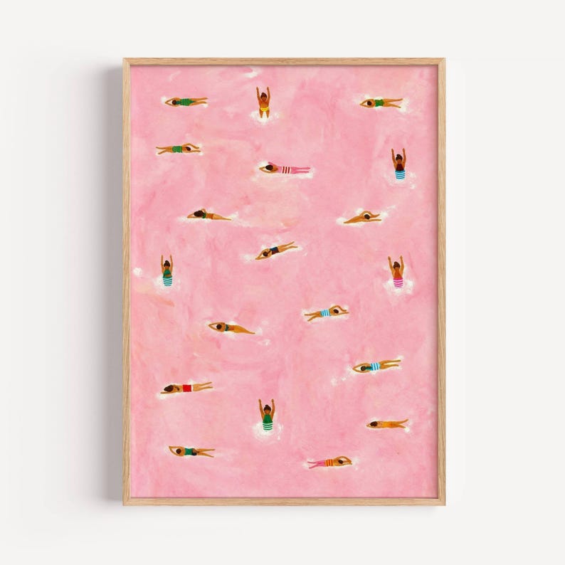 Tiny Swimmers at pool Art Print, Minimalist Tiny People Swimming in Pink Beach Painting, Girly Textured summer wall art, Aerial beach print image 17