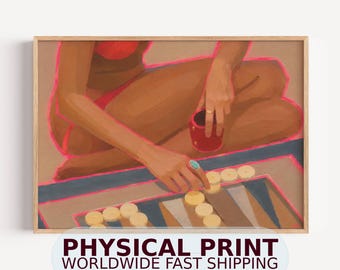 Sunset Backgammon PHYSICAL Fine Art Print - Hand drawn Horizontal Contemporary High Society Beach Poolside Oil Painting Summer Wall Art