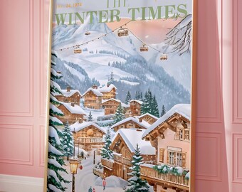 Vintage Winter Scene Magazine Cover poster, Retro Christmas wall art, Festive Holiday print, Cozy snowy town illustration, New Yorker art