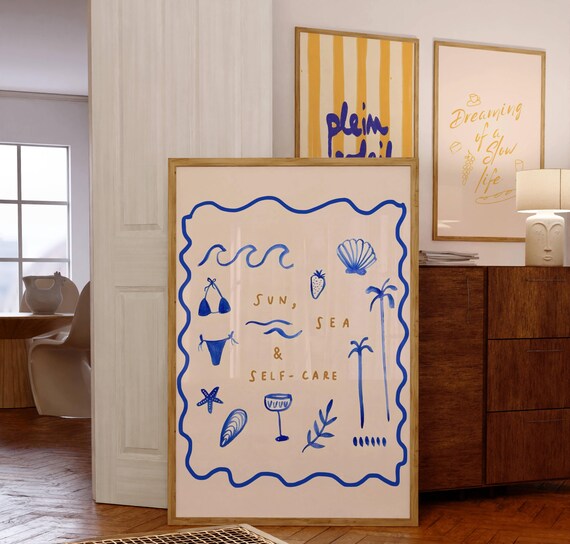 3 Hand drawn summer wall art, Slow living poster, yellow blue stripped french soleil print, coastal grandaughter aesthetic, beach room decor