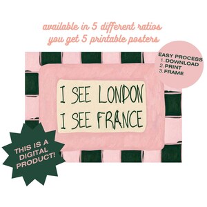 Impresión con cita "Veo Londres, veo Francia", arte de pared para baño divertido y horizontal, pintura al óleo texturizada a cuadros manuscrita retro para inodoro imagen 11