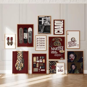 12 Trendy Cherry Red Gallery set, aesthetic leopard cheetah poster, Espresso martini Fashion print, Stockholm aesthetic, Skateboard wall art