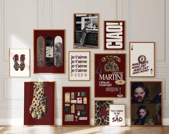 12 Trendy Cherry Red Gallery set, aesthetic leopard cheetah poster, Espresso martini Fashion print, Stockholm aesthetic, Skateboard wall art