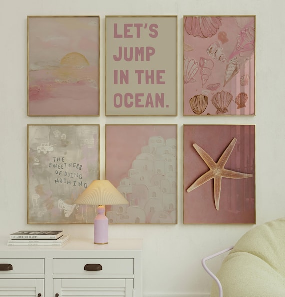 6 pastel pink summer posters, seashell wall art, textured art print, coastal grandaughter, coastal cowgirl, beach coquette preppy room decor