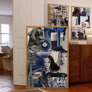 Op de afbeelding: Een set van drie ingelijste kunstprints met een collagethema. De centrale print toont een luipaard, een martiniglas en een zwarte auto. De andere prints bevatten de tekst "DON'T LOOK BACK YOU'RE NOT GOING THAT WAY" en "NEW YORK".