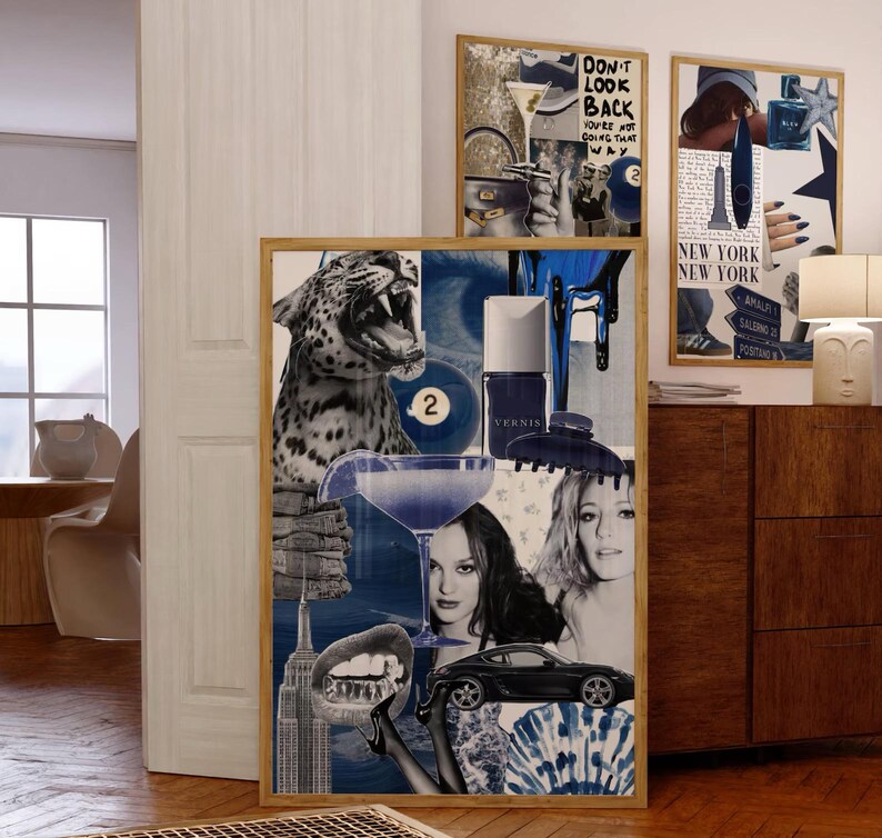 Op de afbeelding: Een set van drie ingelijste kunstprints met een collagethema. De centrale print toont een luipaard, een martiniglas en een zwarte auto. De andere prints bevatten de tekst "DON'T LOOK BACK YOU'RE NOT GOING THAT WAY" en "NEW YORK".