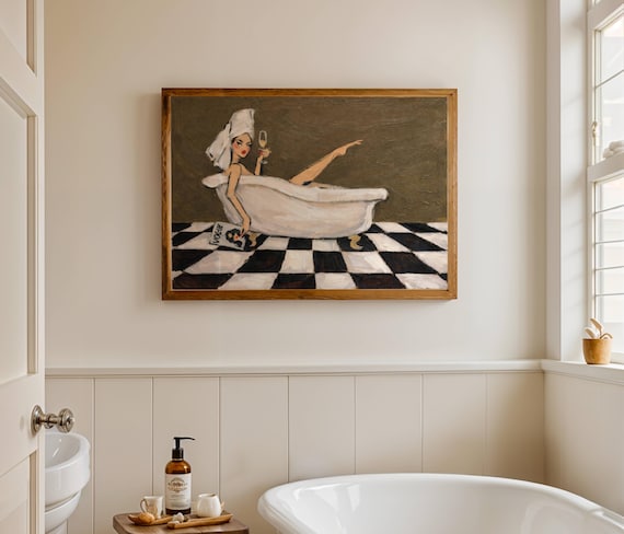 Woman in Bathtub Khaki Oil painting Print, Horizontal Girly Bathroom Wall Art, Hand drawn Mid Century Retro Poster, Feminine Self Care Decor