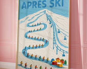 Textured Snow Skiing Wall art, Mini Skiers Illustration, Apres Ski poster, Winter chalet lodge decor, Minimalist Tiny People Skiing Print