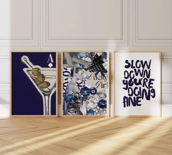 3 Trendy Navy Blue Gallery, Fashion moodboard collage posters, shuffle art, Stockholm aesthetic dorm room decor, Chic Leopard Martini Print