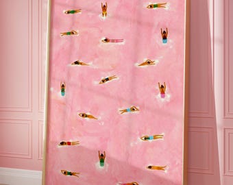 Tiny Swimmers at pool Art Print, Minimalist Tiny People Swimming in Pink Beach Painting, Girly Textured summer wall art, Aerial beach print