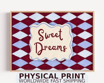 Sweet Dreams | PHYSICAL Fine Art Print - Hand Drawn Horizontal Above Bed Trendy Typography Wall Art with Stay in Bed Quote