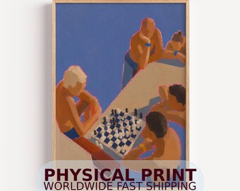 Checkmate At The Pool  PHYSICAL Fine Art Print - Hand drawn Contemporary High Society Beach Poolside Oil Painting Summer Wall Art Poster
