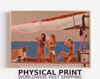 May include: An oil painting print in a light wood frame depicting three figures in white swimwear on a boat deck against a blue sea. The scene features a large white sail overhead with pink outlines, capturing a sunny day at sea with warm tones.