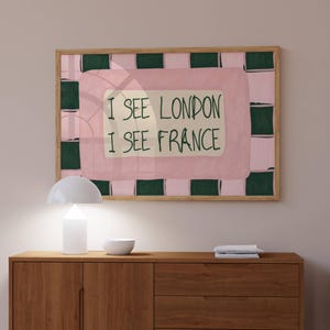 Impresión con cita "Veo Londres, veo Francia", arte de pared para baño divertido y horizontal, pintura al óleo texturizada a cuadros manuscrita retro para inodoro imagen 7