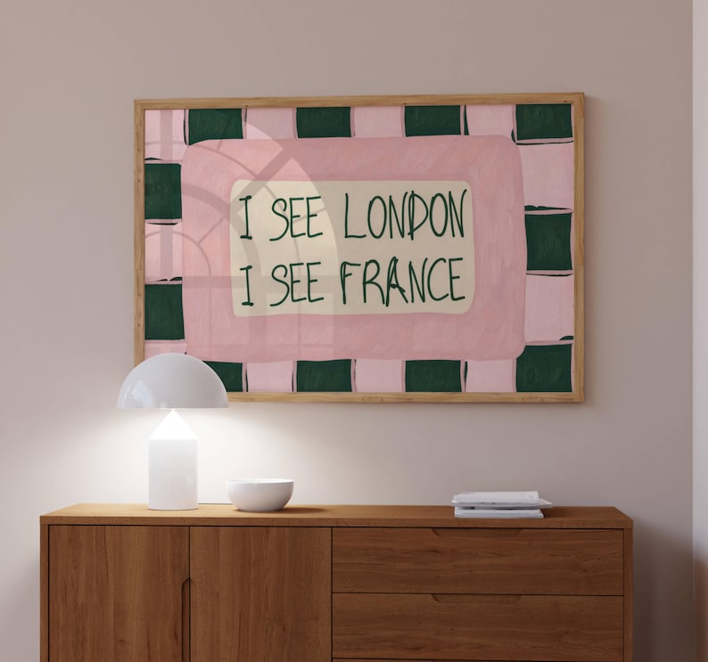 Impresión con cita "Veo Londres, veo Francia", arte de pared para baño divertido y horizontal, pintura al óleo texturizada a cuadros manuscrita retro para inodoro imagen 7