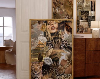 Könnte beinhalten: Ein großes rechteckiges Wandbild mit einer Collage aus goldenen und braunen Motiven, darunter ein Leopard, ein Gesicht, eine Discokugel, Sterne und ein Parfümflakon. Das Kunstwerk ist in hellem Holz gerahmt und in einem Raum ausgestellt.