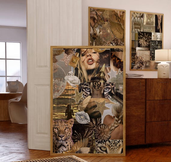 3 GOLDEN aesthetic collage poster, kate moss poster, gold discoball print, rich girl, shuffle art, 90s luxury fashion poster, Y2K dorm decor