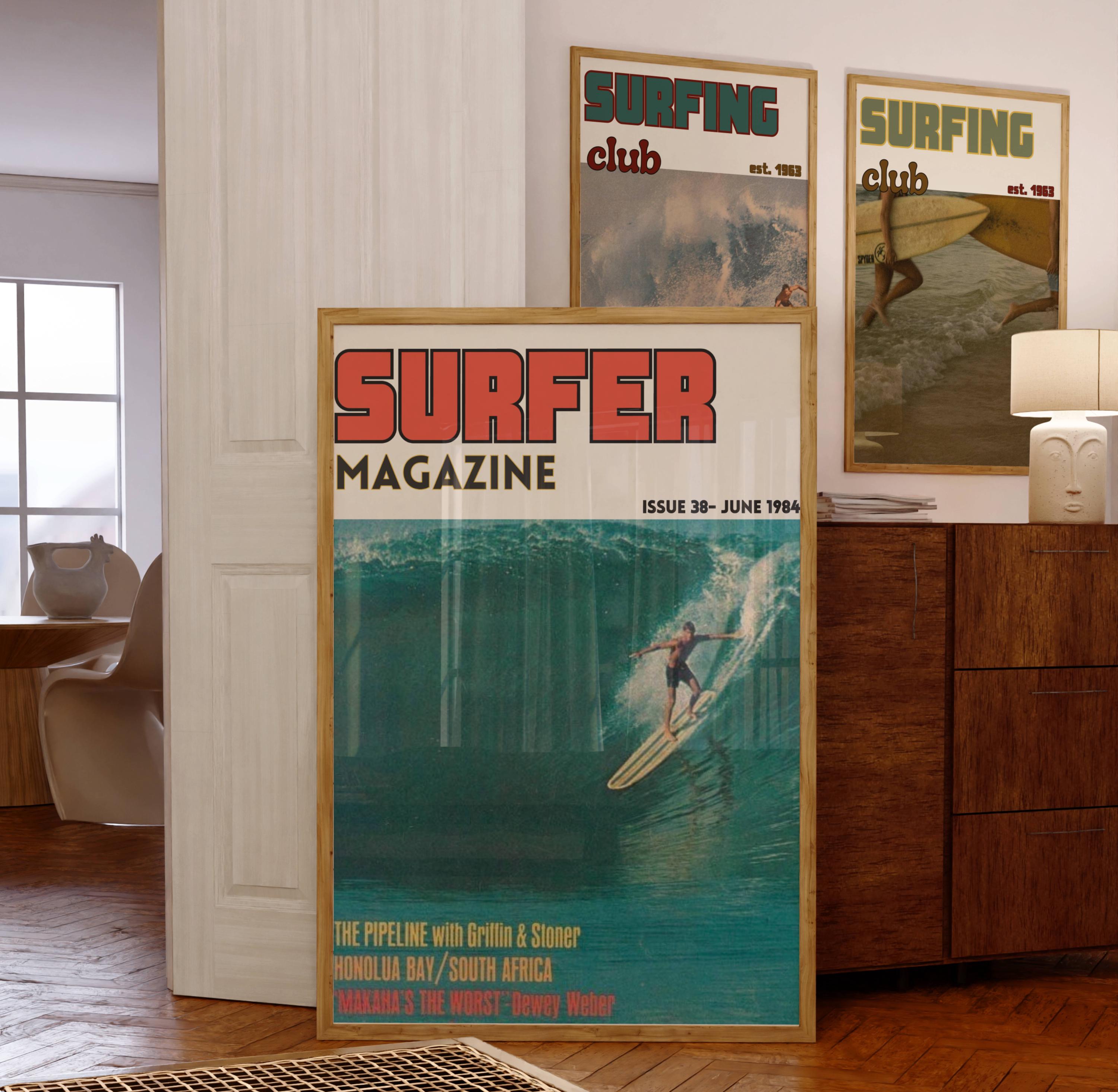 Set 4 Retro Surf Magazine poster, vintage magazine cover print, coastal wall art, ocean print, surfer gift, nautical printable, surf club