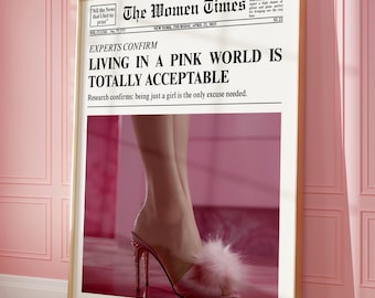 Trendy krantenprint, poster roze hakken, la vie en rose-print, roze coquette preppy girly esthetiek, krantenkop New York News Magazine