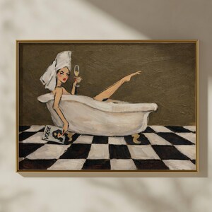 May include: A framed oil painting depicting a figure with a white towel wrapped around their head, relaxing in a white clawfoot bathtub. The figure holds a glass of champagne and a magazine labeled Vogue. The floor features a black and white checkerboard pattern.