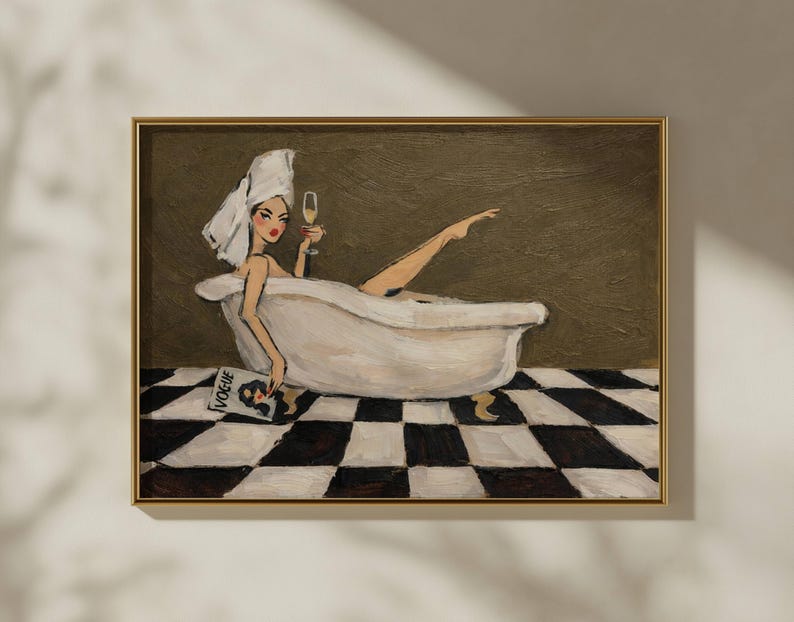 May include: A framed oil painting depicting a figure with a white towel wrapped around their head, relaxing in a white clawfoot bathtub. The figure holds a glass of champagne and a magazine labeled Vogue. The floor features a black and white checkerboard pattern.