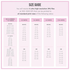Puede incluir: Una tabla de gu&iacute;a de tallas con un borde rosa claro y fondo blanco. El texto dice: SIZE GUIDE. You will receive 5 ultra high resolution JPG files at 300-1000 DPI that can be printed to all standard print sizes of the following ratios: ISO (A SERIES) + 5:7 RATIO, 2:3 RATIO, 3:4 RATIO, 4:5 RATIO, 11:14 RATIO, con columnas que enumeran varias dimensiones en pulgadas y cent&iacute;metros.