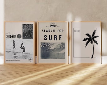 3 vintage Surfer magazine poster, coastal cowgirl, surfs up print, beachy room decor, retro surfing photography, surfboard, east coast print