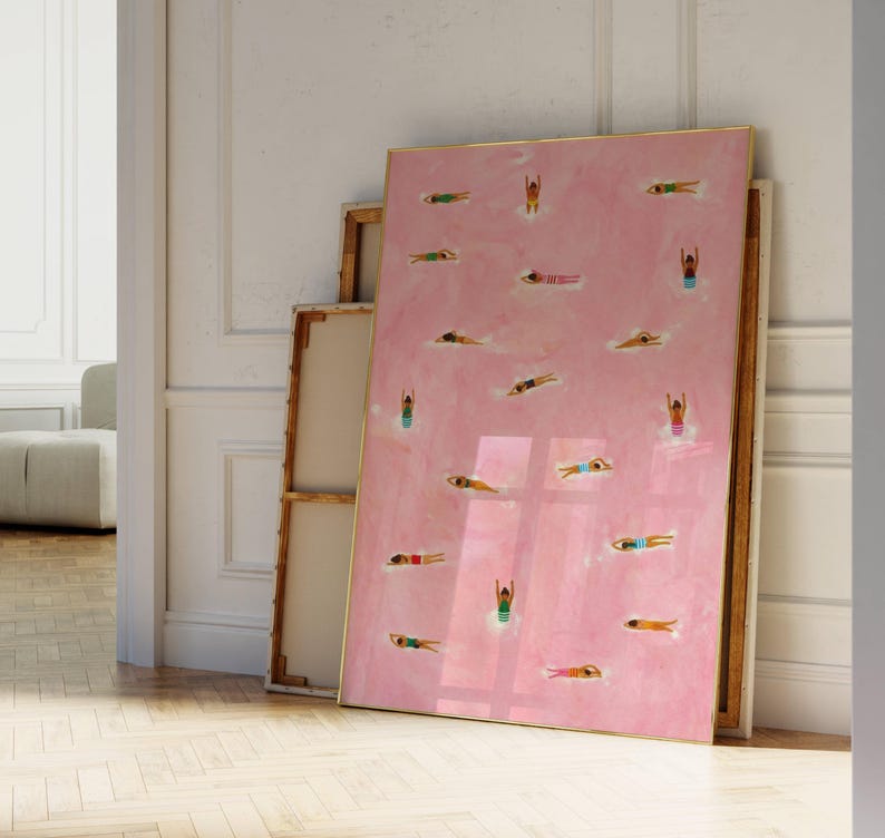 Tiny Swimmers at pool Art Print, Minimalist Tiny People Swimming in Pink Beach Painting, Girly Textured summer wall art, Aerial beach print image 9