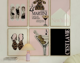 6 Trendy Girly Pink Leopard Gallery, Fashion Cheetah Heels poster, Espresso Martini print, Stockholm Coquette aesthetic, Skateboard wall art