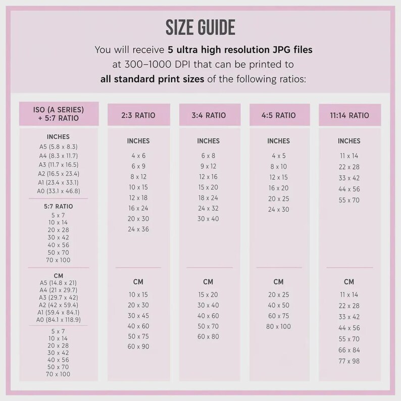May include: A digital size guide chart with a light pink border and background. The text reads SIZE GUIDE, You will receive 5 ultra high resolution JPG files at 300-1000 DPI that can be printed to all standard print sizes of the following ratios.