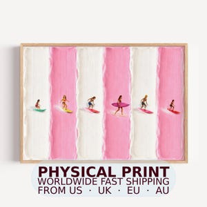 Between Waves | PHYSICAL Fine Art Print - Horizontal Textured Minimalist Tiny Surfers Impasto Painting Wall Art, Coastal Aerial Beach Poster
